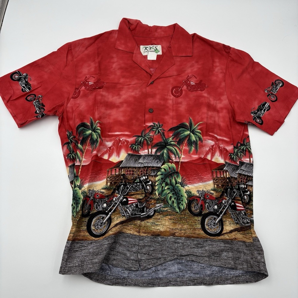 KY'S Hawaii Motorcycle Hawaiian Shirt Mens Medium Red Vintage Beach Camp